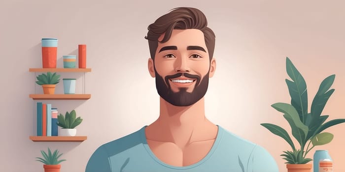 A cheerful man with a beard and stylish hair stands confidently in a comfortable indoor setting, surrounded by plants and shelves filled with books, perfect for personal branding.