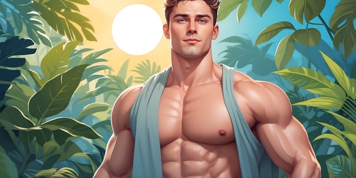 The illustration depicts a strong, athletic young man standing proudly in a lush tropical environment, surrounded by vibrant green foliage and a glowing sun overhead, perfect for a YouTube channel.