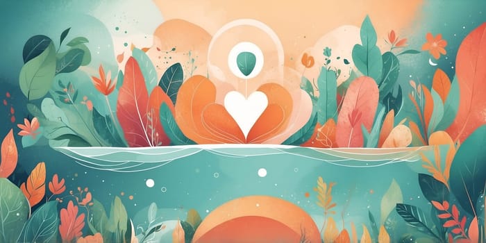 A tranquil landscape filled with diverse plants and a prominent heart symbol, evoking feelings of peace and love in the early morning light.