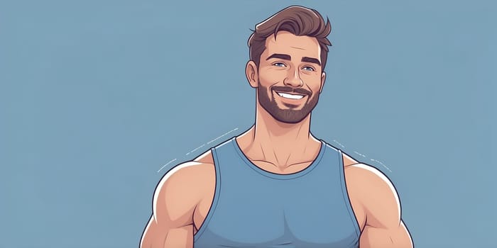 A muscular man showcases a friendly smile while wearing a sleeveless shirt, set against a soft blue background, perfect for a YouTube channel banner design.