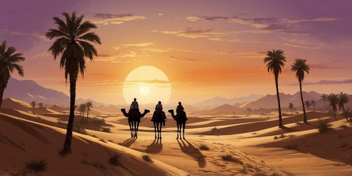 As the sun sets on the horizon, a dramatic desert landscape emerges with silhouetted camels and swaying palm trees, casting long shadows on the golden sands.