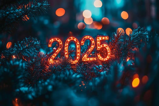 The letters "2025" with fir branches sprinkled with snow. New Year's mood. Space for text, banner, greeting card.