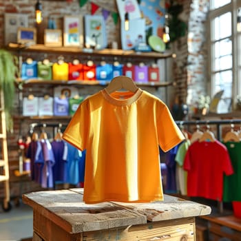 A yellow shirt is hanging on a rack in a store. The shirt is displayed on a wooden table in front of a wall with pictures and a potted plant. The store has a variety of shirts on display