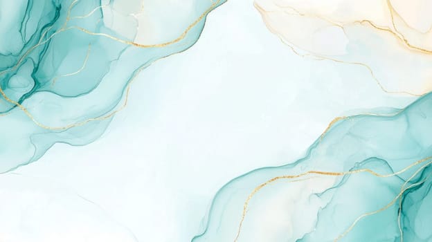 Blue Tint Abstract Alcohol Ink PAinted Background. Colorful Cyan and Golden Particles Creative Modern Wallpaper Design Template. Ai generated