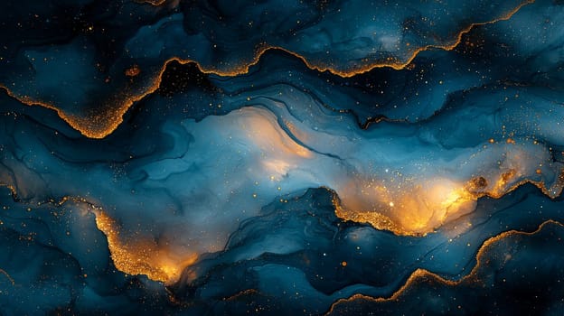 Marble paper texture, dark teal and gold alcohol ink on paper, abstract background. Creative Design Template.
