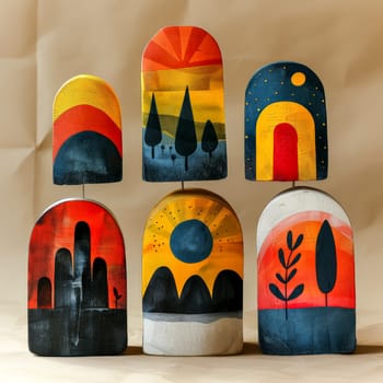A set of nine paintings of different scenes of nature, including a house, a tent, and a fire
