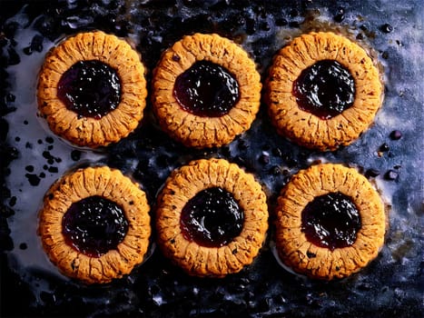 Cookies thumbprint cookies with jam centers assorted flavors on a transparent glass plate colorful. Food isolated on transparent background.
