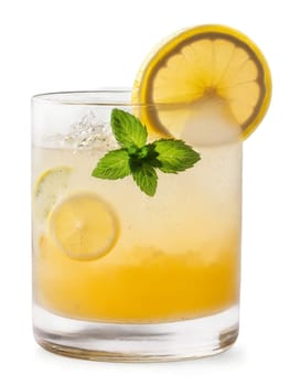 Icelandic Birkir in clear glass garnished with slice of lemon and sprig of green mint. Drink isolated on transparent background.