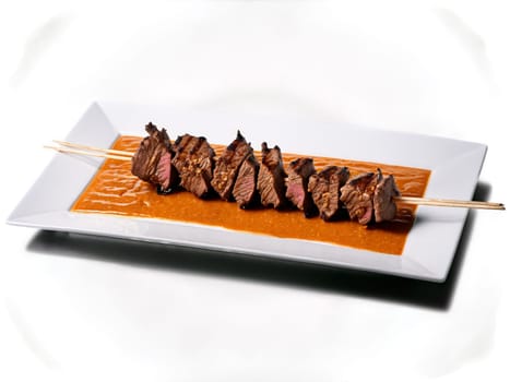 Suya skewer of marinated beef suya grilled to perfection and served with side of yam. Food isolated on transparent background.