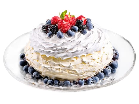 Pavlova with whipped cream and mixed berries served on a transparent glass plate light. Food isolated on transparent background.