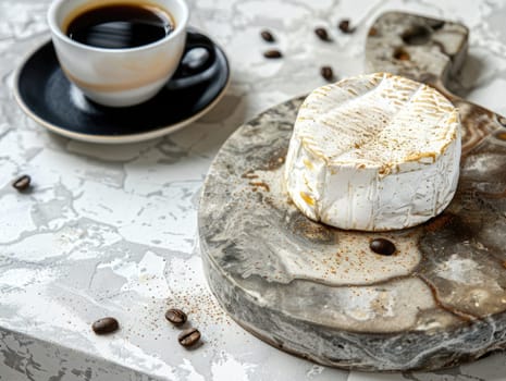 Round cheese on a marbled board with coffee, perfect for culinary presentations. High quality photo