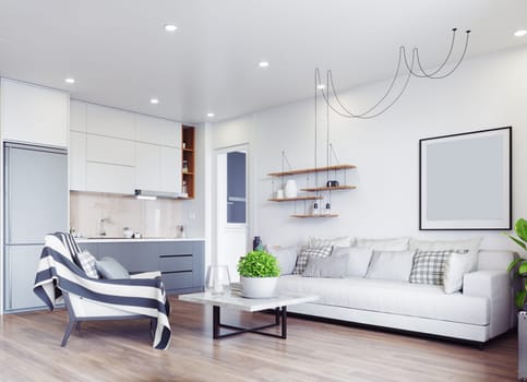 modern living interior design. 3d rendering concept