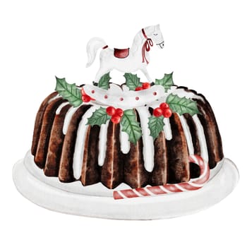 Christmas cake. Hand drawn watercolor traditional holiday cake on a stand with holly berries and a horse. Clip art of chocolate pastry on isolated white background. Ideal for cookbook and bakery menu. High quality photo