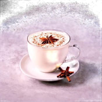 Chai latte with cinnamon stick star anise and frothed milk swirling above Food and culinary. Food isolated on transparent background.