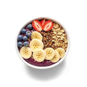 Acai bowl with a smooth blend of acai berries topped with sliced banana strawberries granola. close-up food, isolated on transparent background