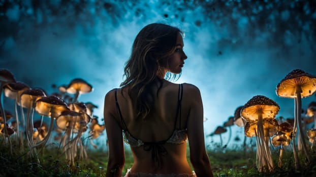 Ethereal back view of a woman in lingerie amidst a field of bioluminescent mushrooms fantasy.