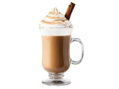 A glass milk bottle repurposed for a creamy Irish coffee its coffee aroma swirling on. Drink isolated on transparent background.