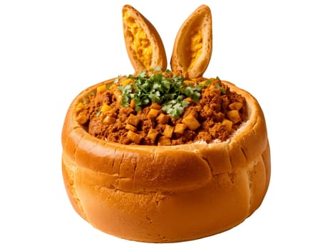 Chakalaka Bunny Chow Spicy chakalaka bunny chow South African dish of curry served in hollowed. Food isolated on transparent background.