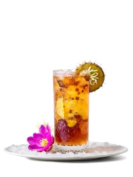 New Mexico Prickly Pear Iced Tea Tall glass with ice prickly pear syrup and black. Drink isolated on transparent background.