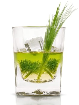 Polish Zubrowka in shot glass accompanied by blade of grass and few ice cubes. Drink isolated on transparent background.