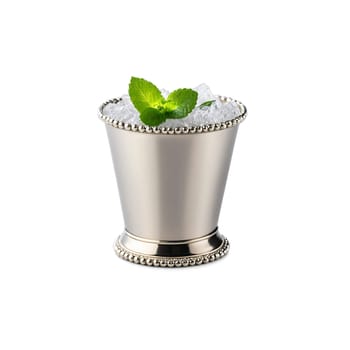 Elegant silver mint julep cup with a beaded rim filled with crushed ice and garnished. Drink isolated on transparent background