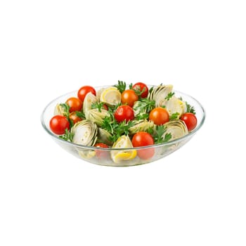 Artichoke salad with marinated artichoke hearts cherry tomatoes and fresh parsley tossed in a lemon. Food isolated on transparent background