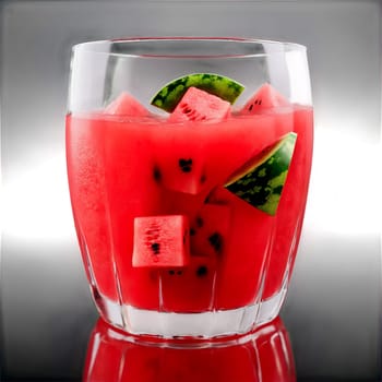 Watermelon juice with chunks of watermelon and ice cubes spinning in a glass with liquid. Food isolated on transparent background.