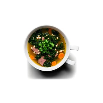 Beef and barley soup with kale and garlic a hearty broth with tender beef pearl. Food isolated on transparent background