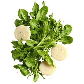 Arugula small tender dark green leaves handful tossed floating parmesan shavings drifting Food and Culinary. Food isolated on transparent background.