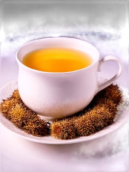Burdock root tea glass teacup sliced brown roots earthy flavor blood purifier. Drink isolated on transparent background.
