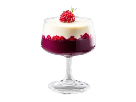Panna Cotta with Berry Compote vanilla flavored and silky served in a transparent glass dish. Food isolated on transparent background.