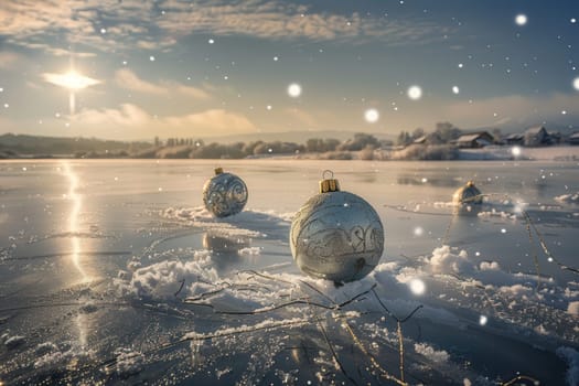 A serene winter morning in a mountain valley featuring a frosty lake with Christmas ornaments on the ice. The sun rises through the trees, casting a soft, warm glow.