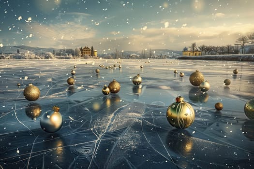 A winter scene at sunset featuring a frozen lake with Christmas ornaments on the ice. The golden sun reflects on the snow-dusted surface, with a distant village and frosted trees.