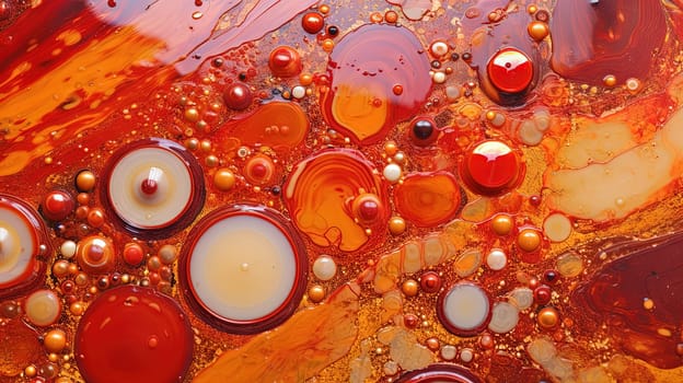 Abstract artistic background with red marble and golden paint stains. Generated AI