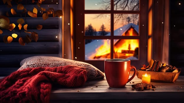 Cozy evening winter scene with relaxing Christmas attributes. Cup of warm drink, wool sock and candle. Generated AI