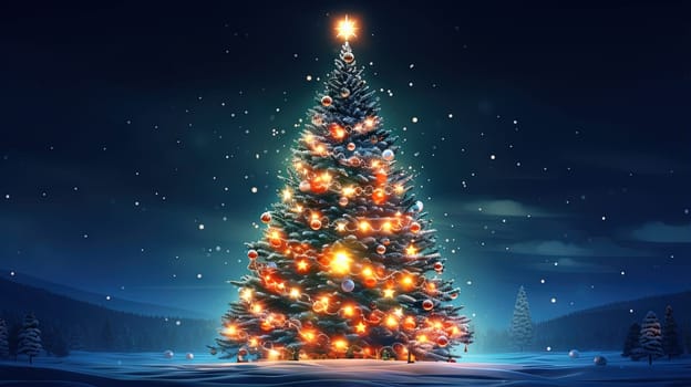 Christmas tree shining with stars, garlands and baubles in the evening snowy backyard. Generated AI