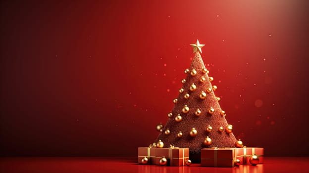 Christmas tree card template with red background. Xmas winter holidays card with fir and golden balls. Generated AI