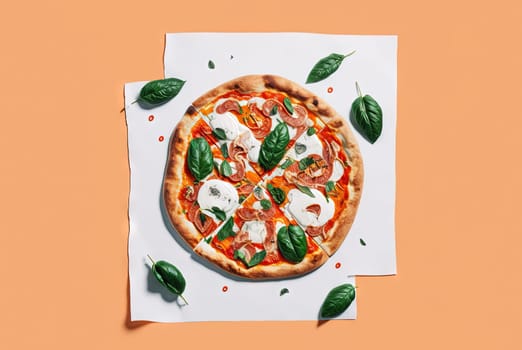 Pizza on the plate with all ingredients. Drawing style. Generated AI