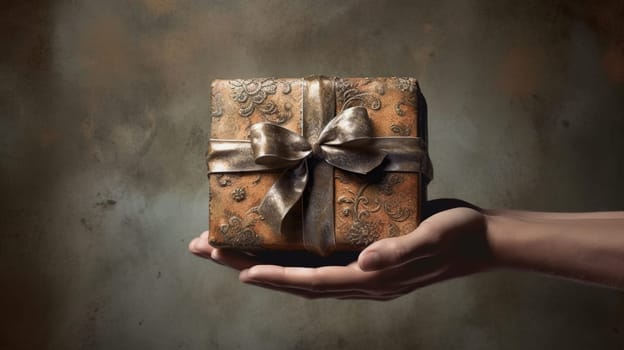 Handcrafted gift box in hands. Offering of the beautiful handmade giftbox. Generated AI
