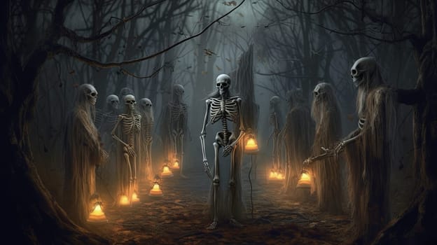 Skeleton holding the lamp in a dark forest during Halloween holiday. Dark art with monsters in the forest at fall. Generated AI