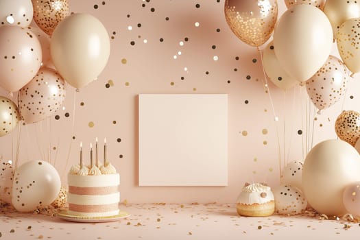 Happy birthday greeting card mockup party background with cake, balloons and confetti. 3D Rend