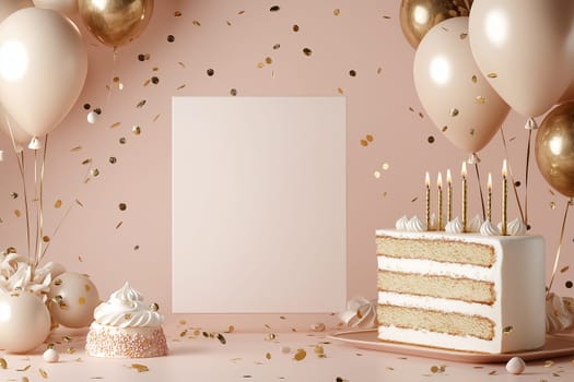 Happy birthday greeting card mockup party background with cake, balloons and confetti. 3D Rend
