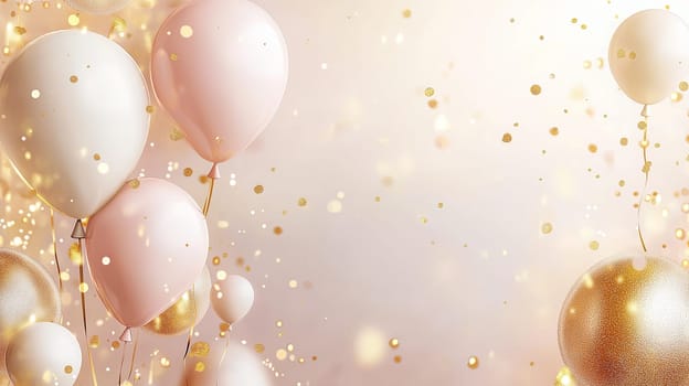 Festive Birthday background with balloons and confetti, copy space for te