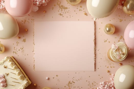 Happy birthday greeting card mockup party background with cake, balloons and confetti. 3D Rend