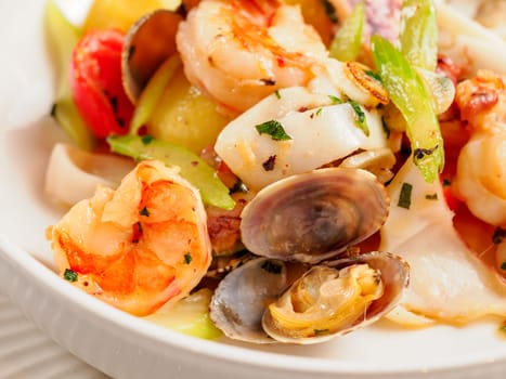 Delicious seafood platter as healthy eating and catering concept. Tasty meal of seafood as prawn, shellfish, mussel close up