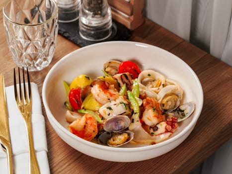 Delicious seafood platter as healthy eating and catering concept. Tasty meal of seafood as prawn, shellfish, mussel close up