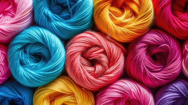 A vibrant assortment of colorful yarn balls is meticulously stacked one on top of the other, creating a visually appealing display