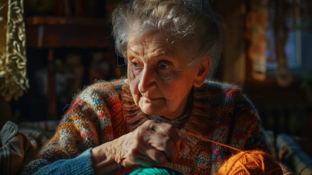 Grandma untangling a ball of yarn, creating a visually appealing display