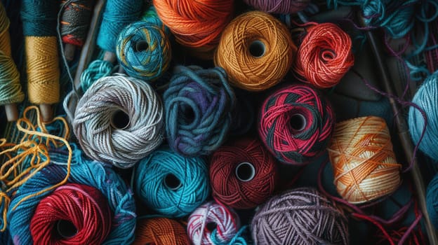 A vibrant assortment of colorful yarn balls is meticulously stacked one on top of the other, creating a visually appealing display