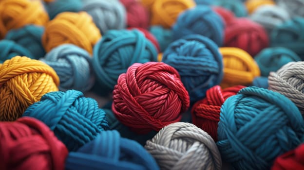 A vibrant assortment of colorful yarn balls is meticulously stacked one on top of the other, creating a visually appealing display